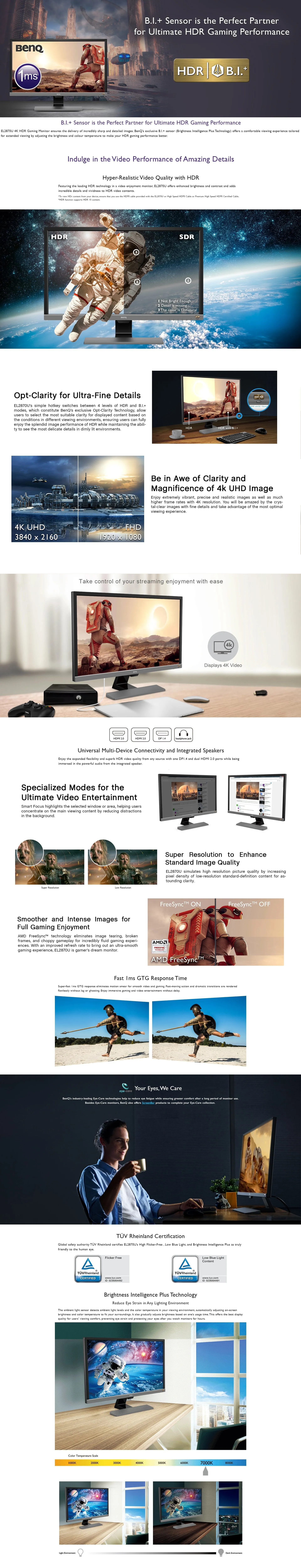 BenQ EL2870U 28" 4K 60Hz HDR Gaming Monitor, FreeSync, 1ms GtG, Eye-Care Technology, Multi-Device Connectivity and Integrated Speakers Gaming Monitor