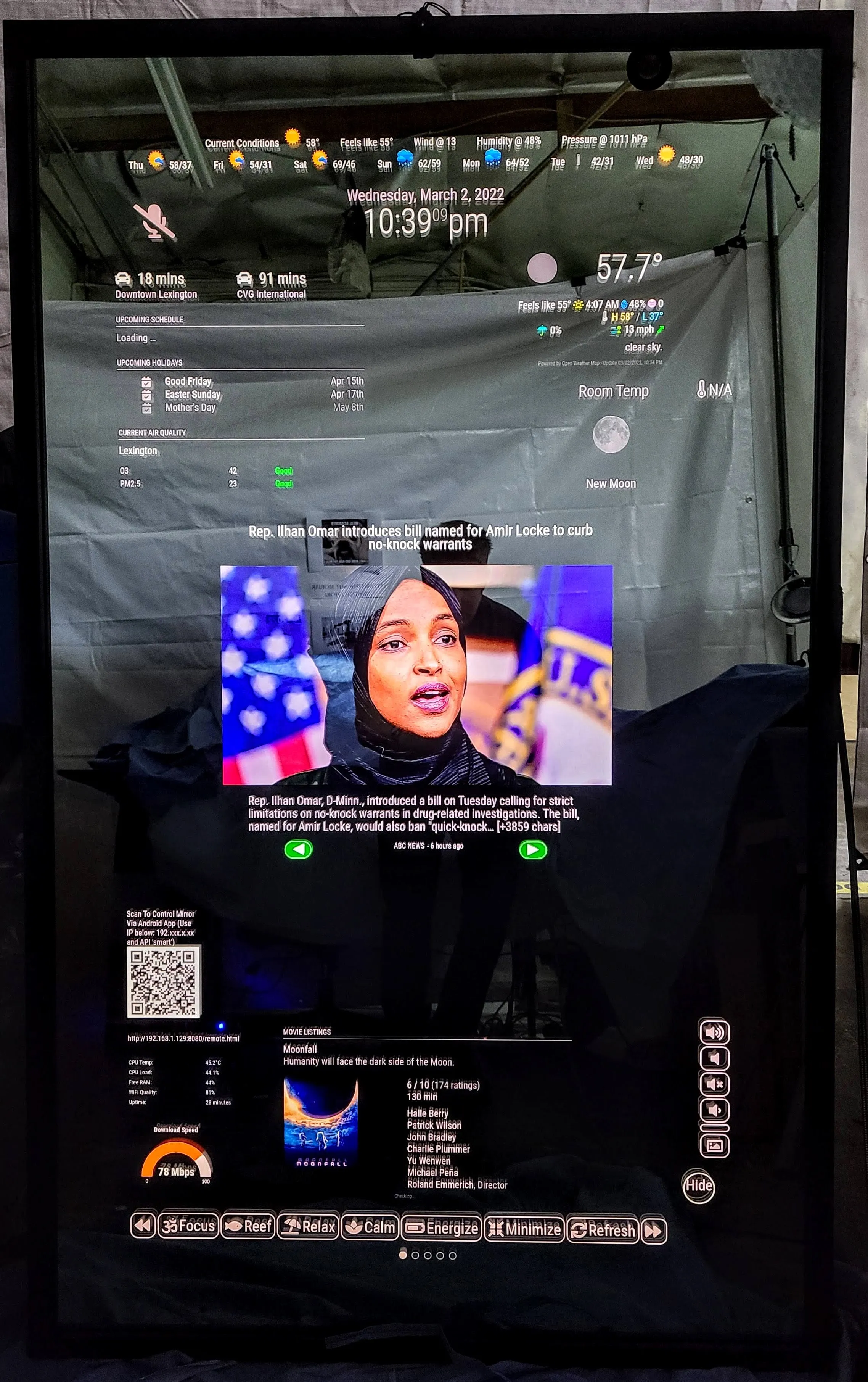Framed Google Assistant Smart Mirror - 65" Samsung 4K QLED in a sleek 60" X 36" X 3" Satin Black Wood Frame