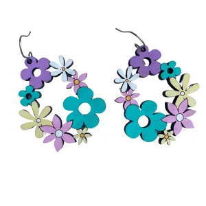 Pink Blue and Purple Flower Hoop Hand Painted Earrings