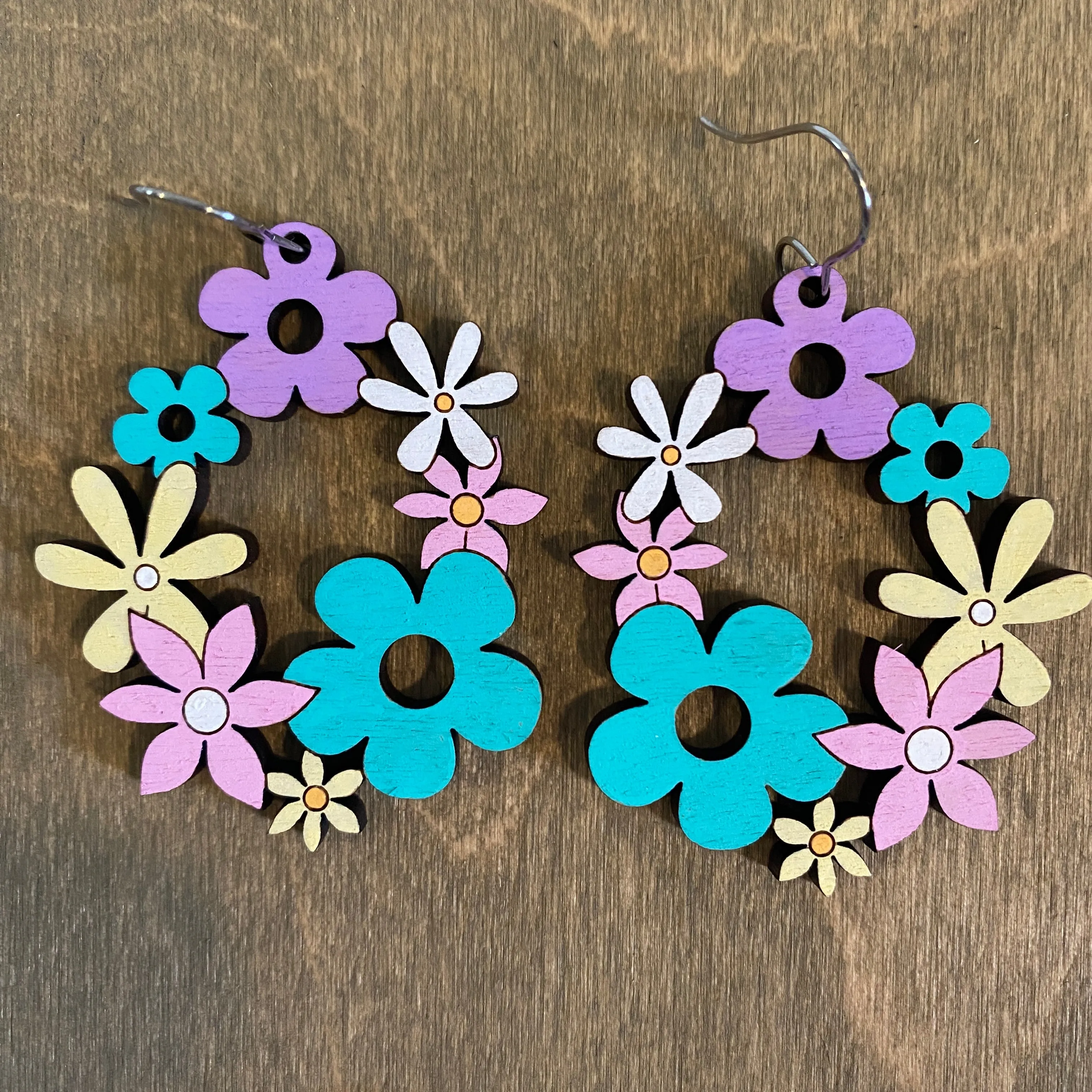 Pink Blue and Purple Flower Hoop Hand Painted Earrings