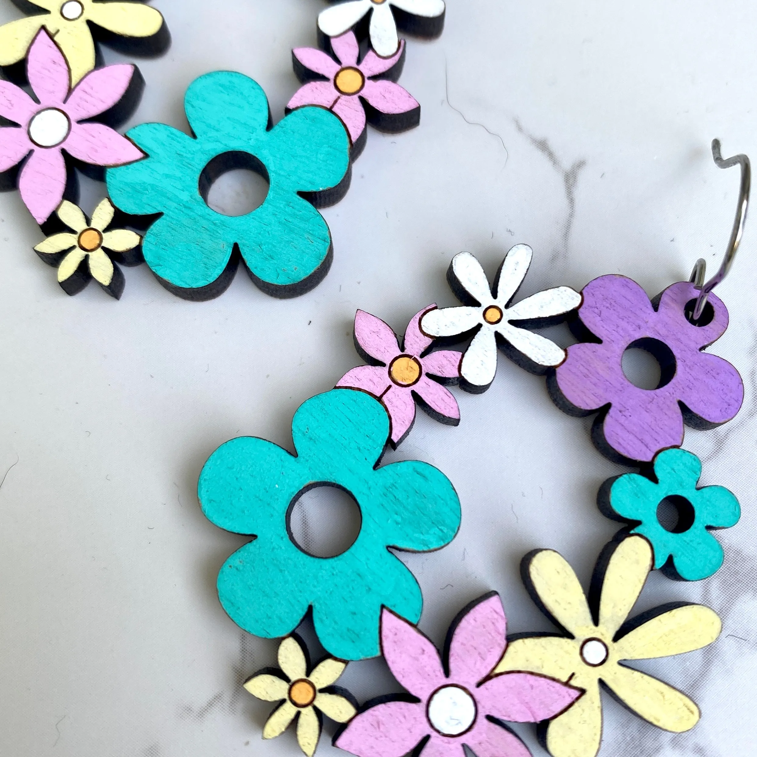 Pink Blue and Purple Flower Hoop Hand Painted Earrings