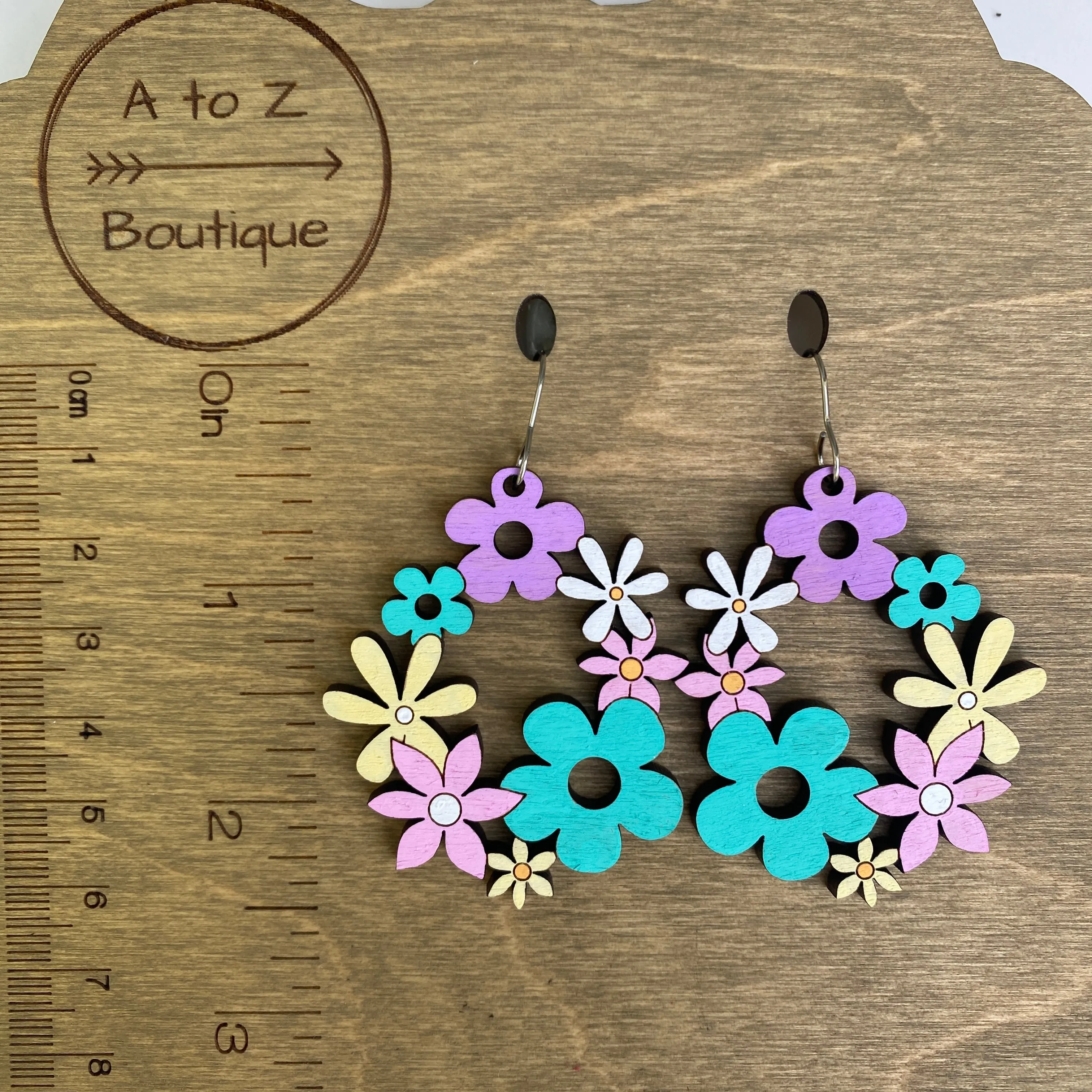 Pink Blue and Purple Flower Hoop Hand Painted Earrings