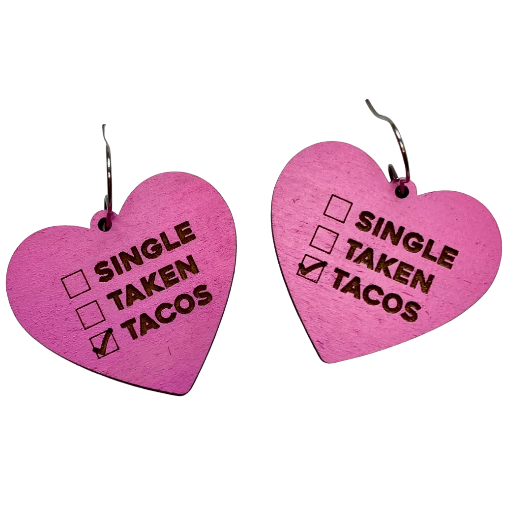 Pink Heart Taco Wood Hand Painted Earrings