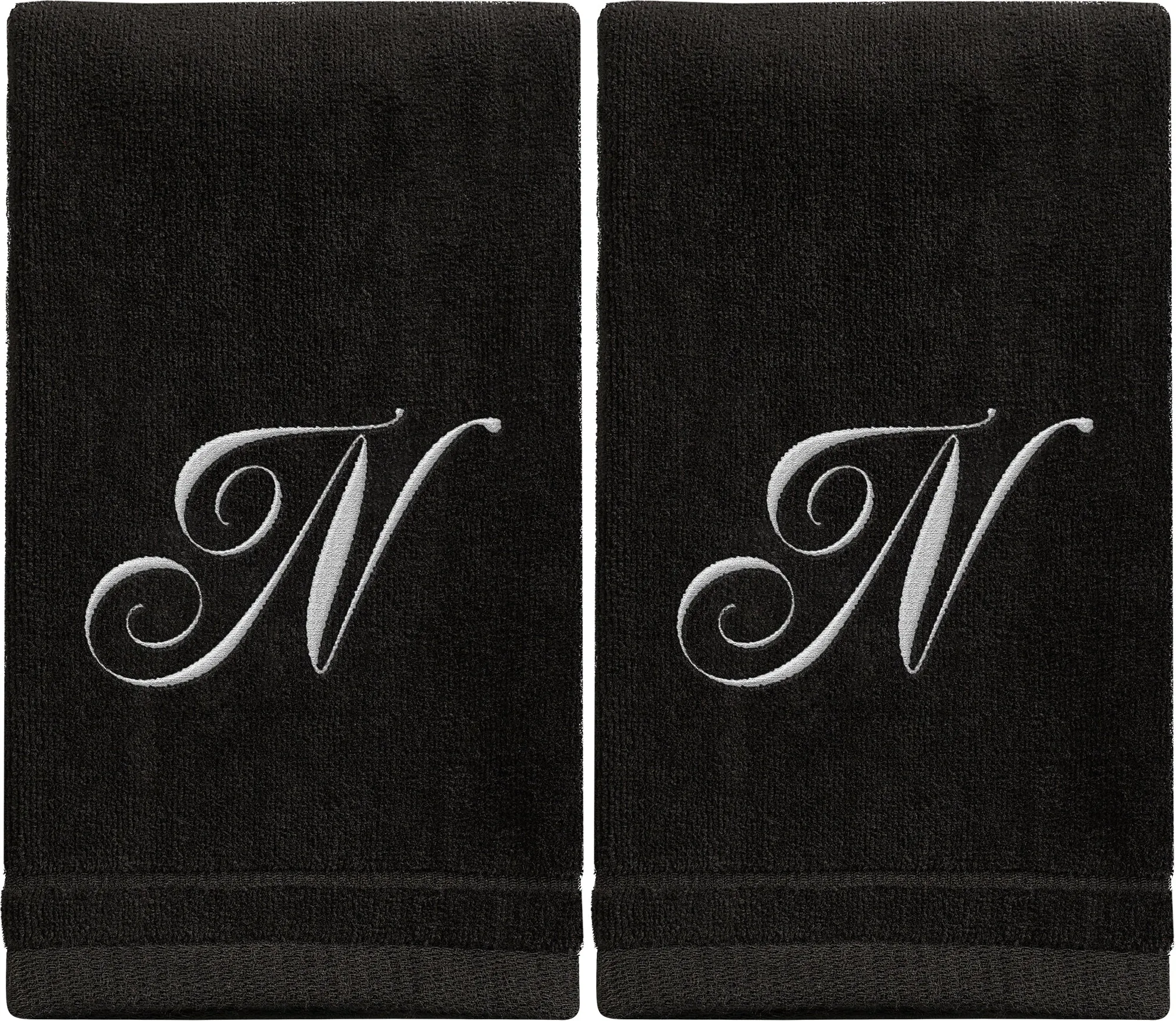 Set of 2 Black Monogrammed Towel - White Embroidered - Initial N (Wholesale)