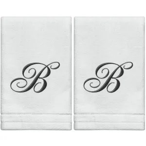 Set of 2 White Monogrammed Towel - Black Embroidered - Initial B (Wholesale)