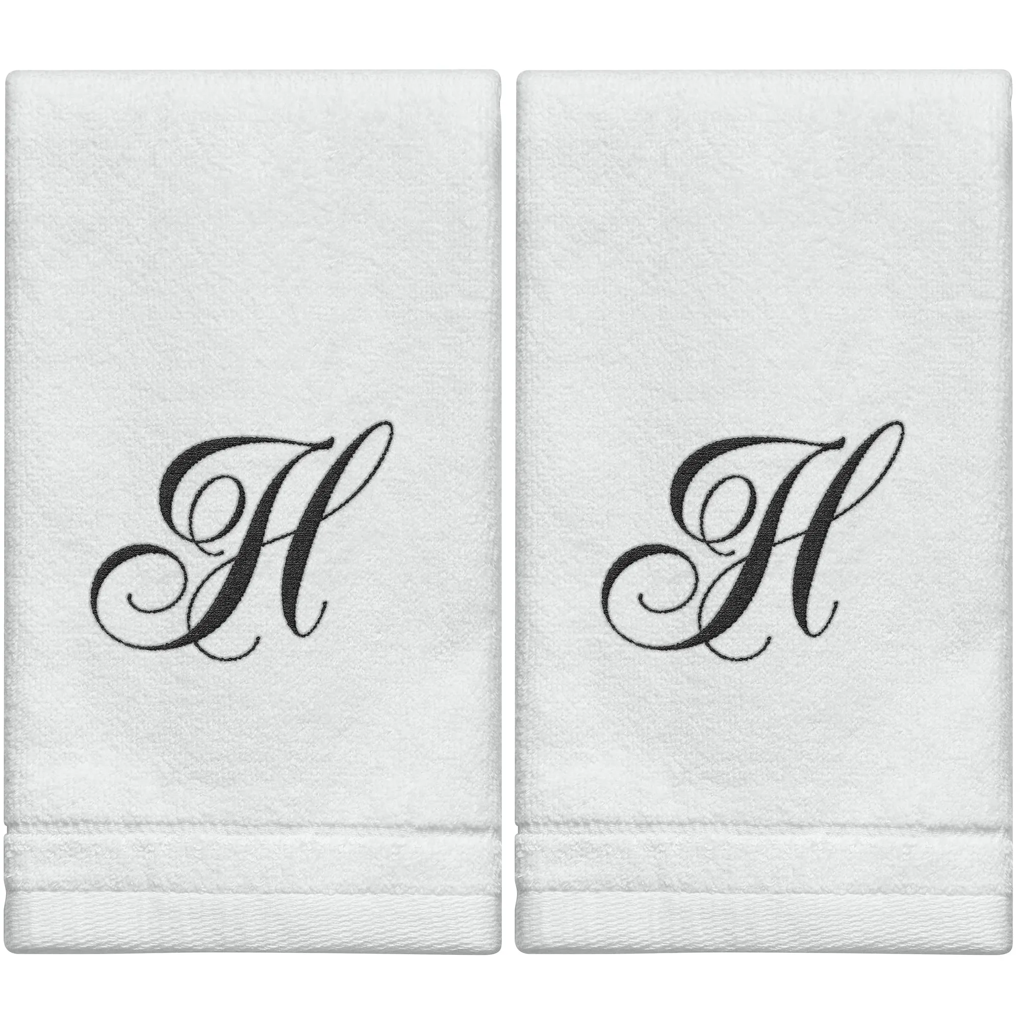 Set of 2 White Monogrammed Towel - Black Embroidered - Initial  H (Wholesale)