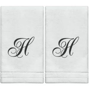 Set of 2 White Monogrammed Towel - Black Embroidered - Initial  H (Wholesale)
