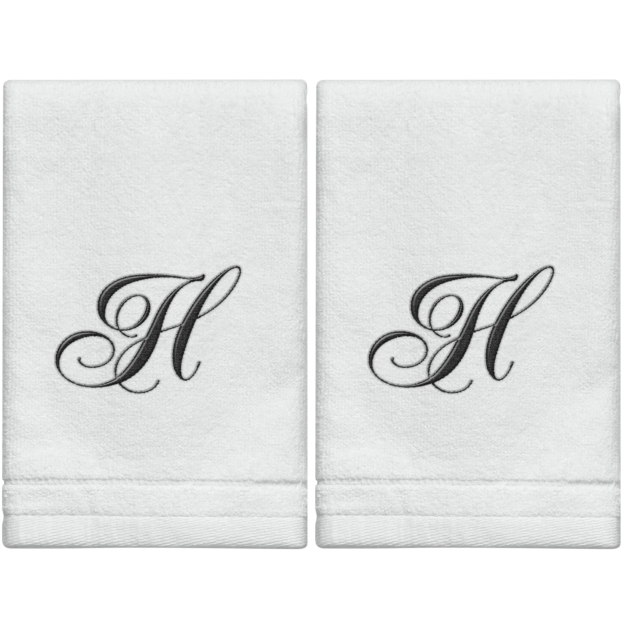 Set of 2 White Monogrammed Towel - Black Embroidered - Initial  H (Wholesale)