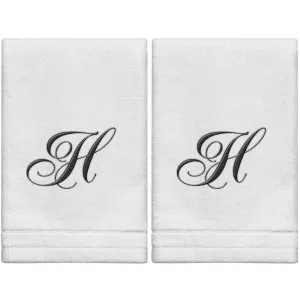 Set of 2 White Monogrammed Towel - Black Embroidered - Initial  H