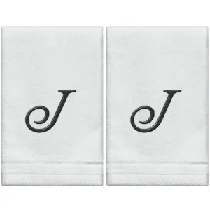 Set of 2 White Monogrammed Towel - Black Embroidered - Initial J (Wholesale)