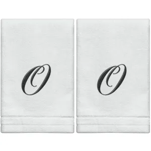 Set of 2 White Monogrammed Towel - Black Embroidered - Initial  O (Wholesale)
