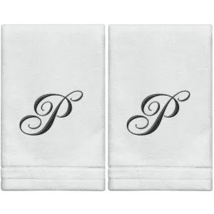 Set of 2 White Monogrammed Towel - Black Embroidered - Initial  P