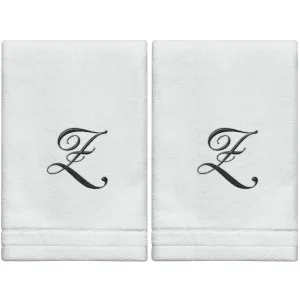 Set of 2 White Monogrammed Towel - Black Embroidered - Initial  Z (Wholesale)