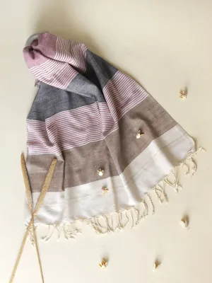 Silk Scarf With Grey Brown And Pink Stripes In White