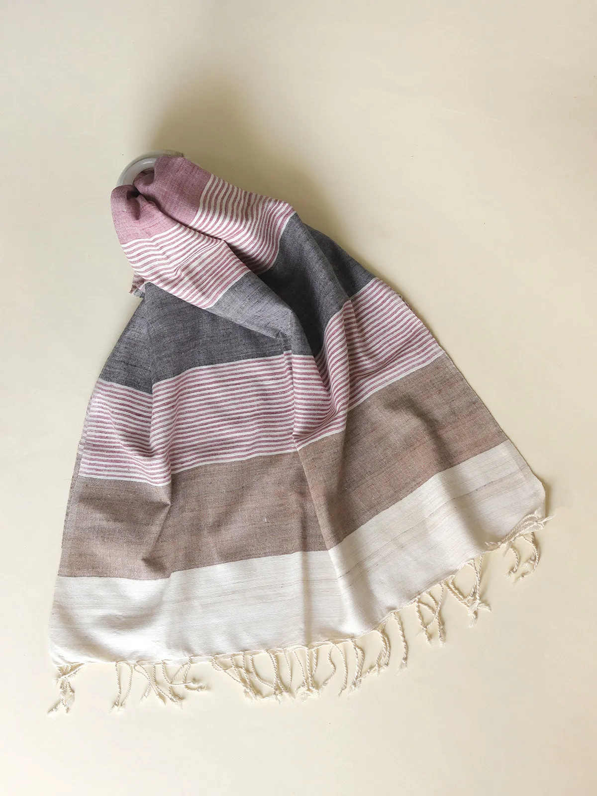 Silk Scarf With Grey Brown And Pink Stripes In White