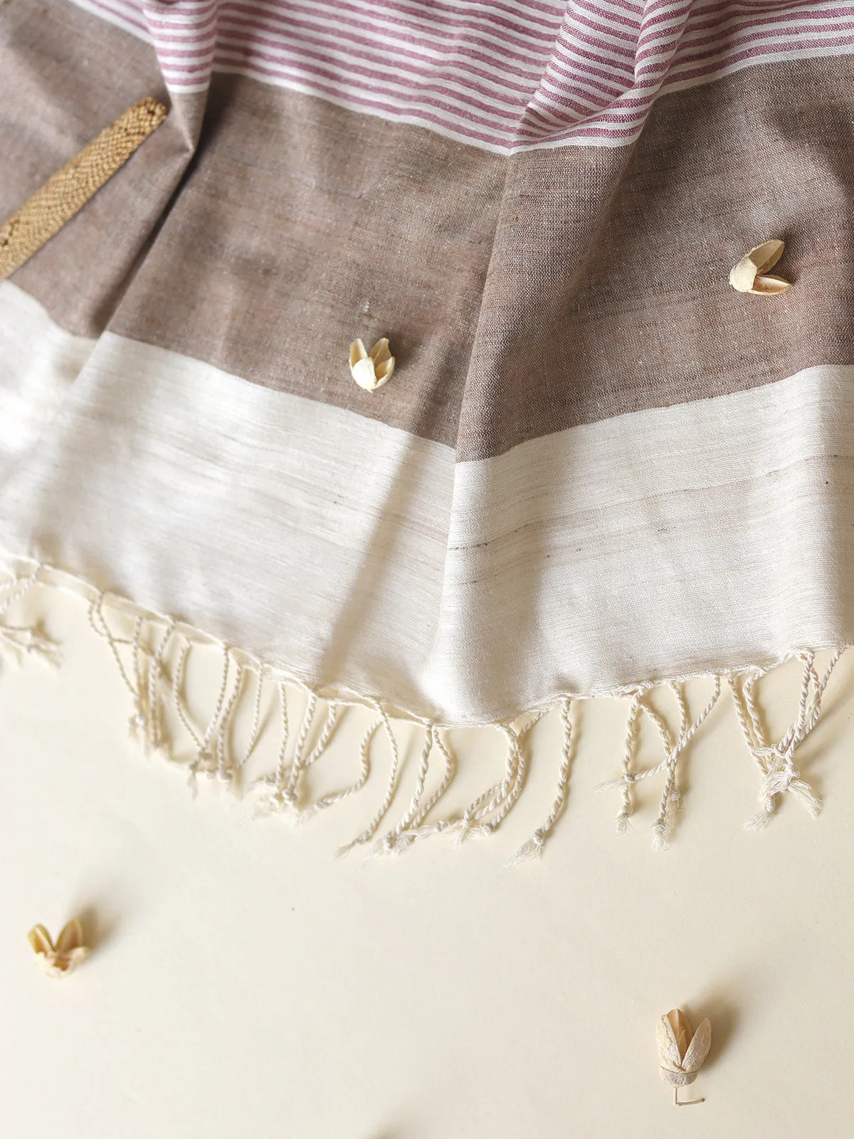 Silk Scarf With Grey Brown And Pink Stripes In White