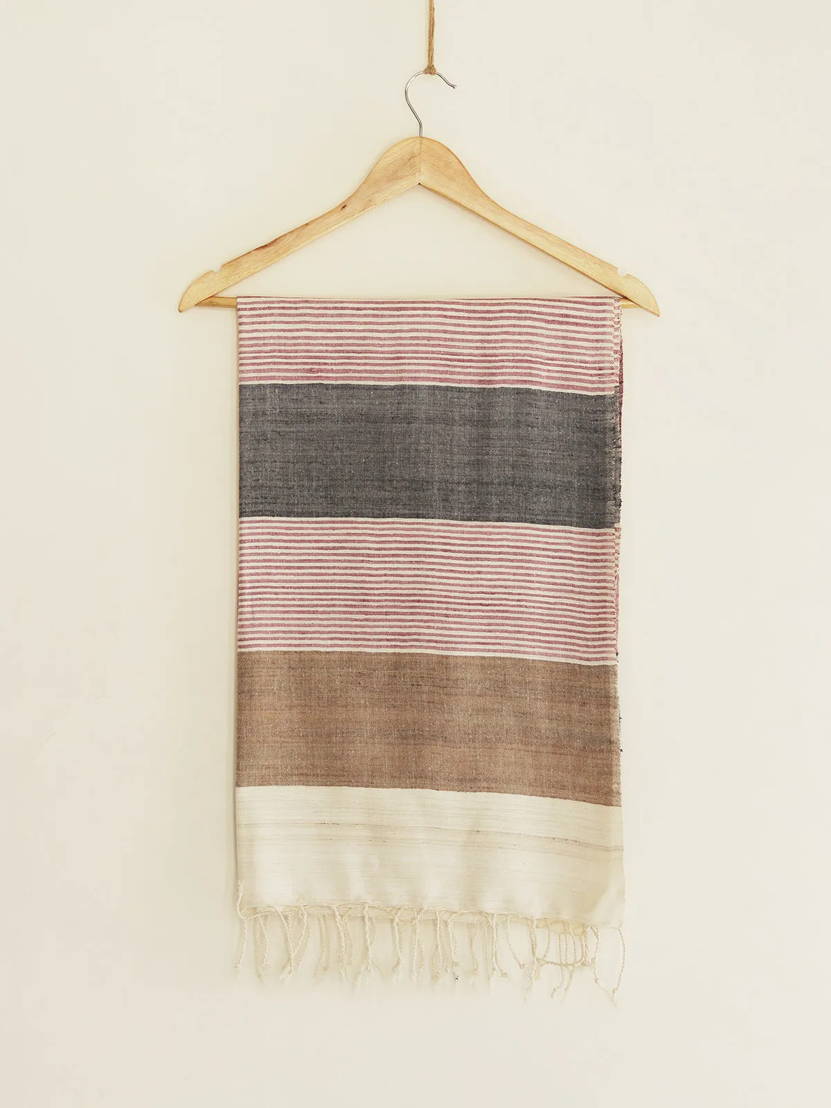 Silk Scarf With Grey Brown And Pink Stripes In White
