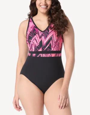 Superior Wave V Neck Polyester One Piece Swimsuit